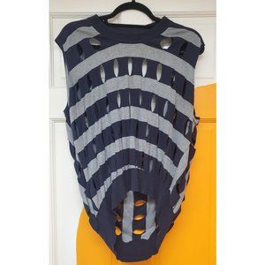 Navy Striped Drape Back Sleeveless Cut Out Knit Top